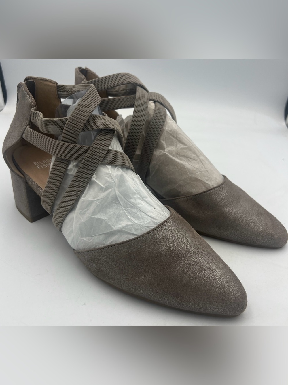 Eileen Fisher Juku GraishSuede Pumps elastic Straps Block Heel Women’s Size 9.5